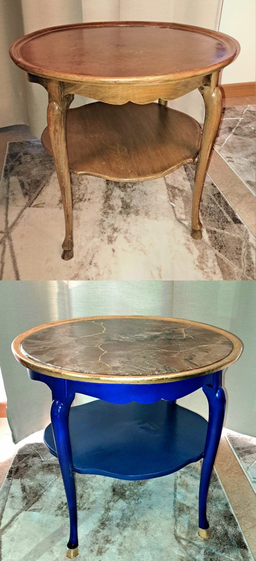 Runder Beistelltisch vor und nach dem Möbel-Upcycling