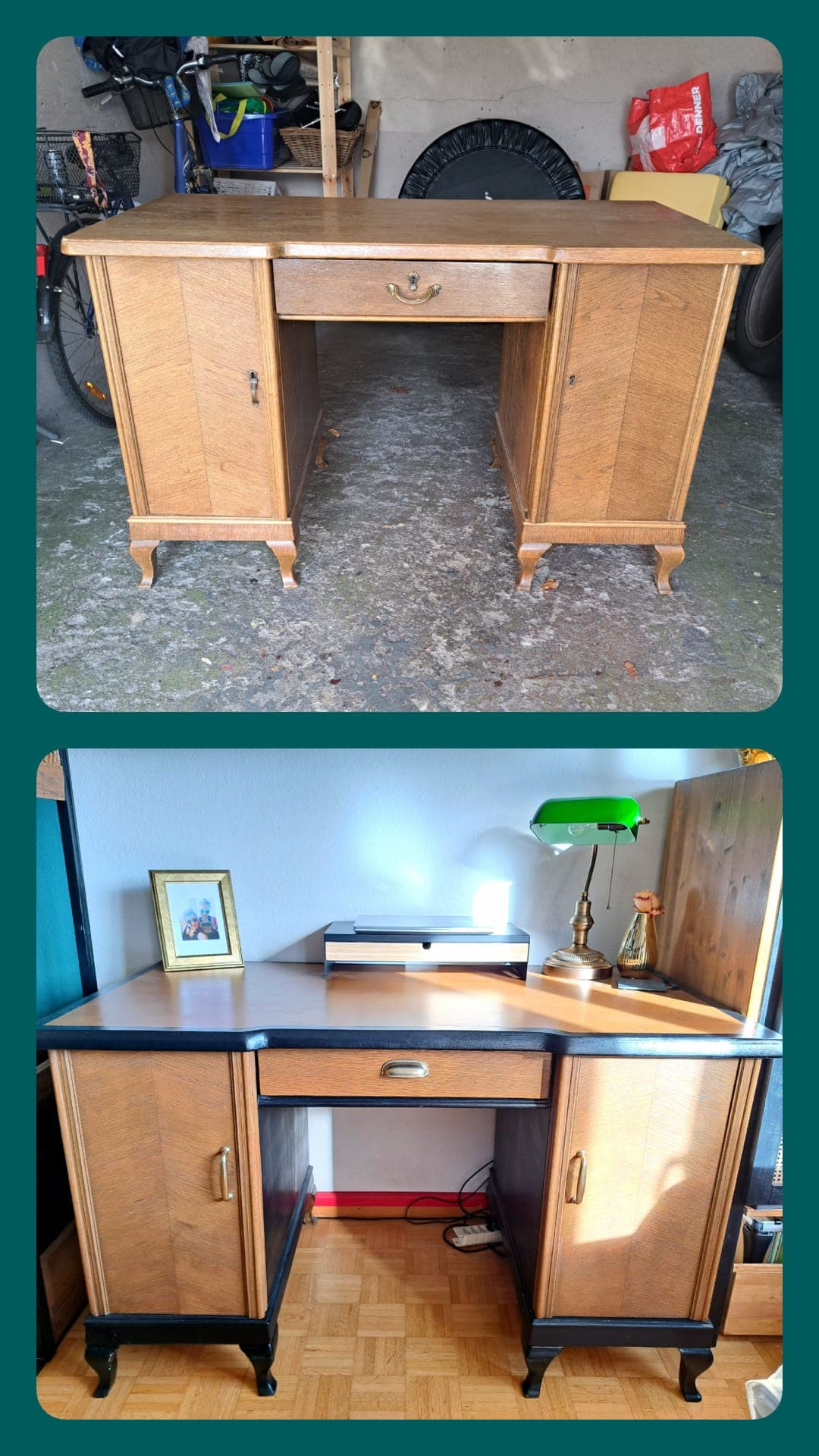 Schreibtisch vor und nach dem Möbel Upcycling in Basel